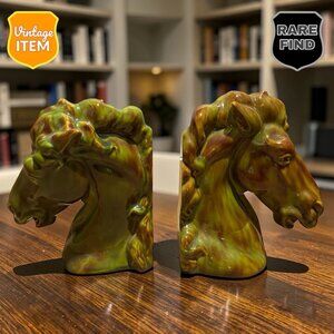 Vintage Hand Painted Ceramic Mustang High Gloss Horse Head Bust Bookends. RARE!